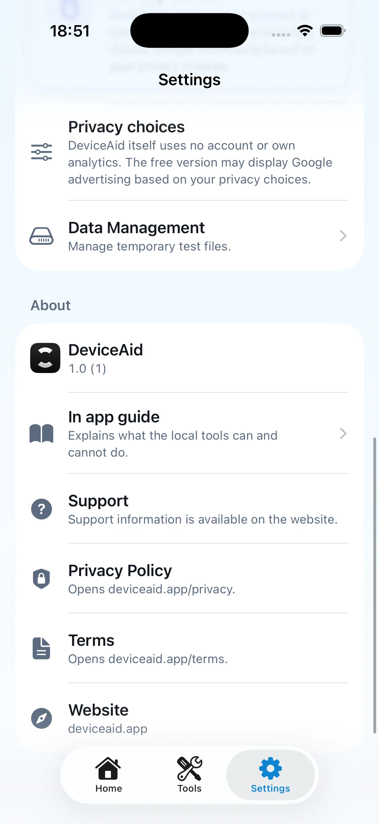 DeviceAid-Einstellungen mit Datenschutz, Datenverwaltung und Support